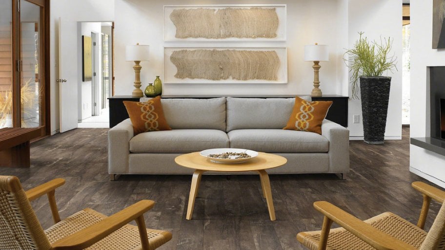 gray flooring, gray couch, gold accents